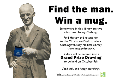 Find Harvey in the library and return him to the Circulation Desk to win a travel mug prize pack.  Finders will be entered into a Grand Prize Drawing to be held on October 5