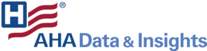 An image of the American Hospital Association's Data &amp; Insights product logo, which is a white H on a blue background in a rectangle, with red and white stripes at an angle beneath it. The words &quot;AHA Data &amp; Insights&quot; appear below and to the right in dark and light blue text.