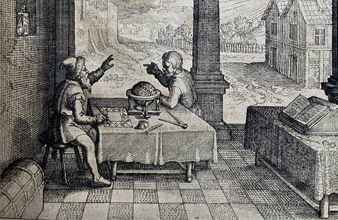 Astrologer in his study casting a horoscope for client, with sun, moon, and stars in the background