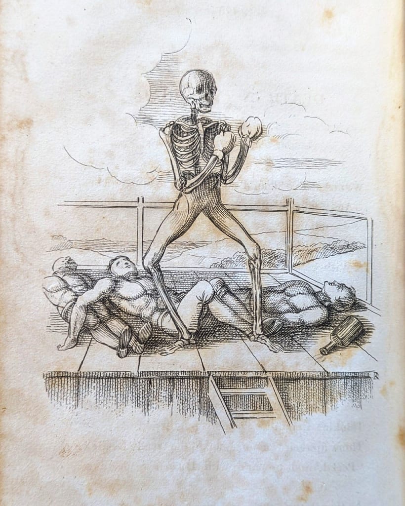 Skeleton standing with fists raised surrounded by dead bodies