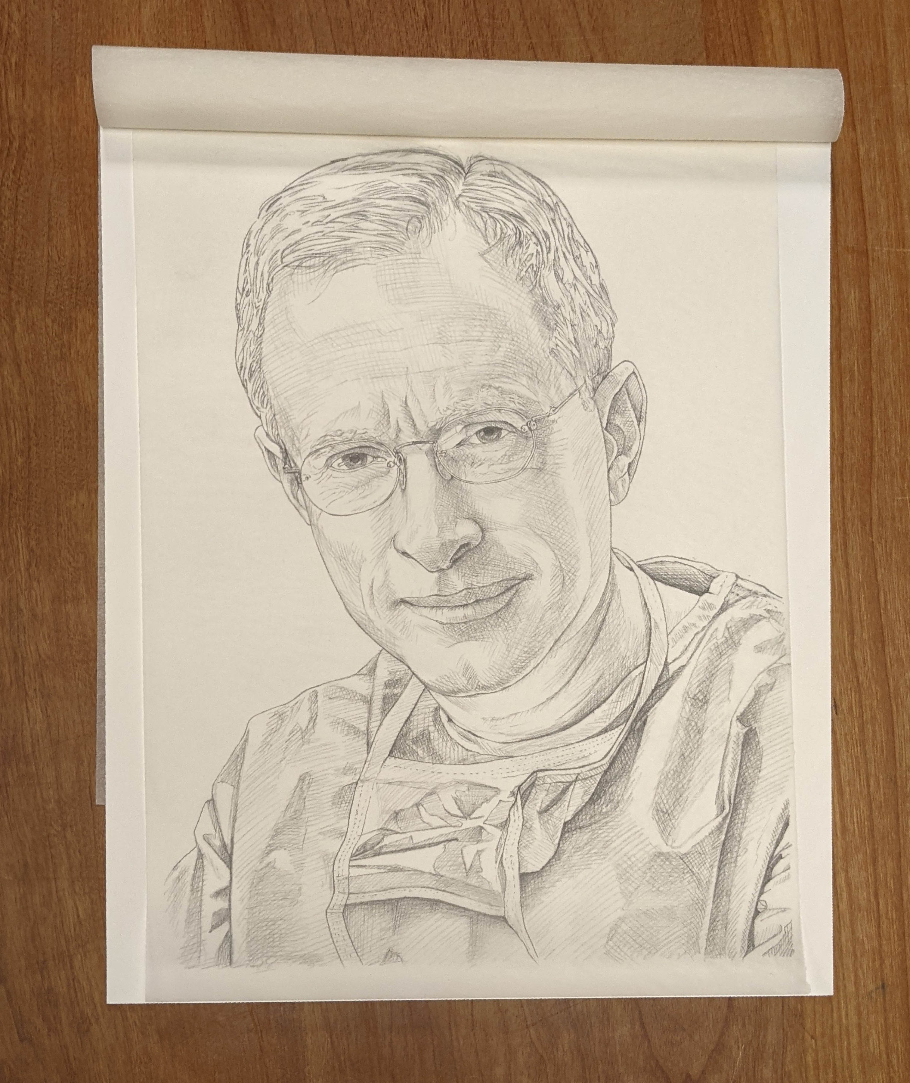 pencil drawing of a white male doctor with glasses