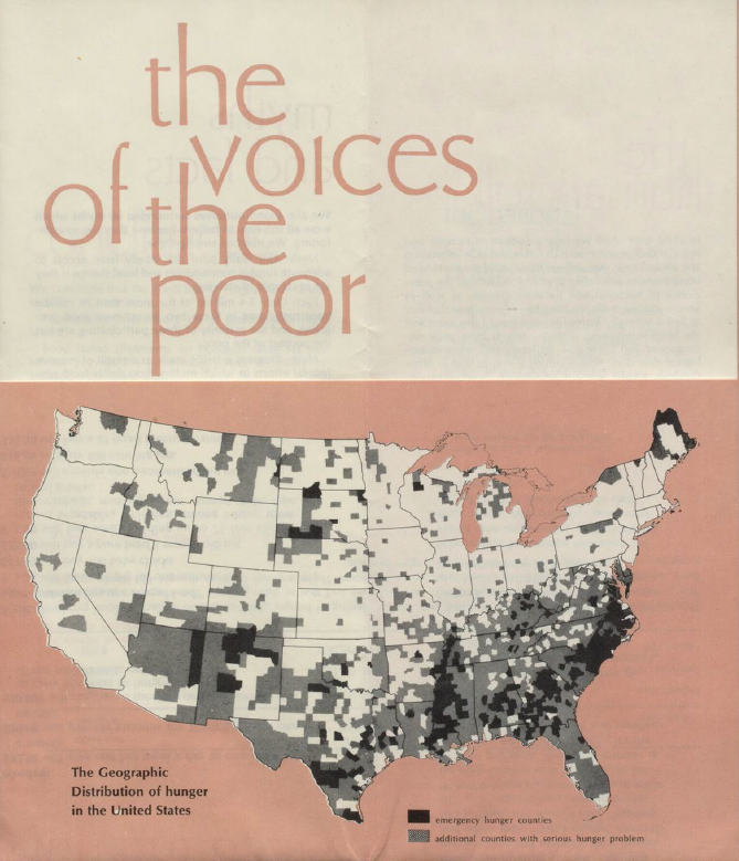 a US map from the 1960s titled 'the voices of the poor' showing the geographic distribution of hunger in the US. Highest concentration is in the south