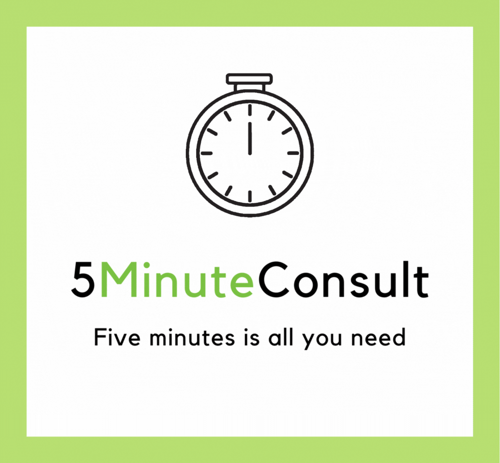 timer animation and text of 5 minute consult, five minutes is all you need