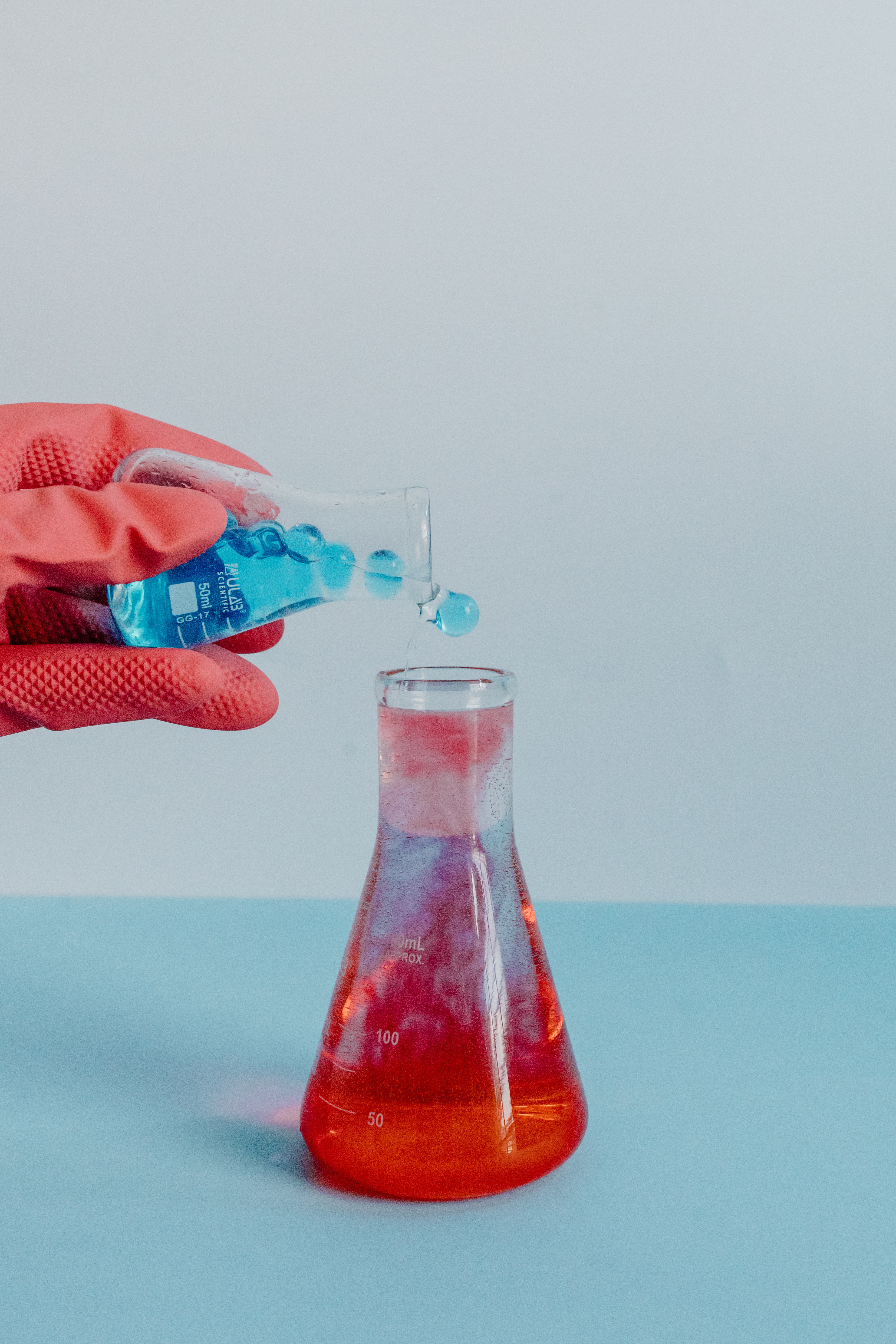 hand pouring liquid from one beaker to another