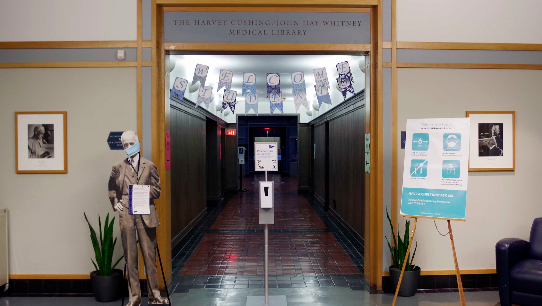 image of the medical library entrance with social distancing protocols