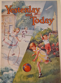 colorful watercolor painting of white children playing outside with a kickball and hoop and stick