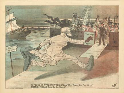 death running to board a european steamer ship packed with people
