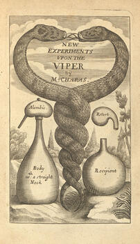 etching of two intertwined snakes with the words new experiments upon the viper by m. charas