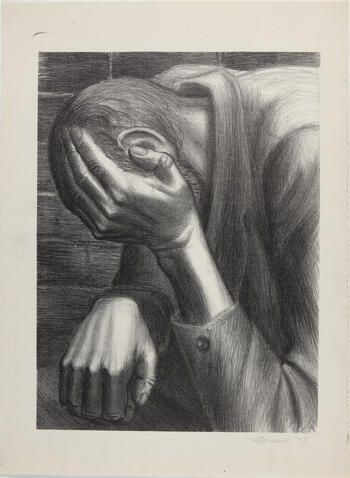 pencil drawing of a person with their head in their hand
