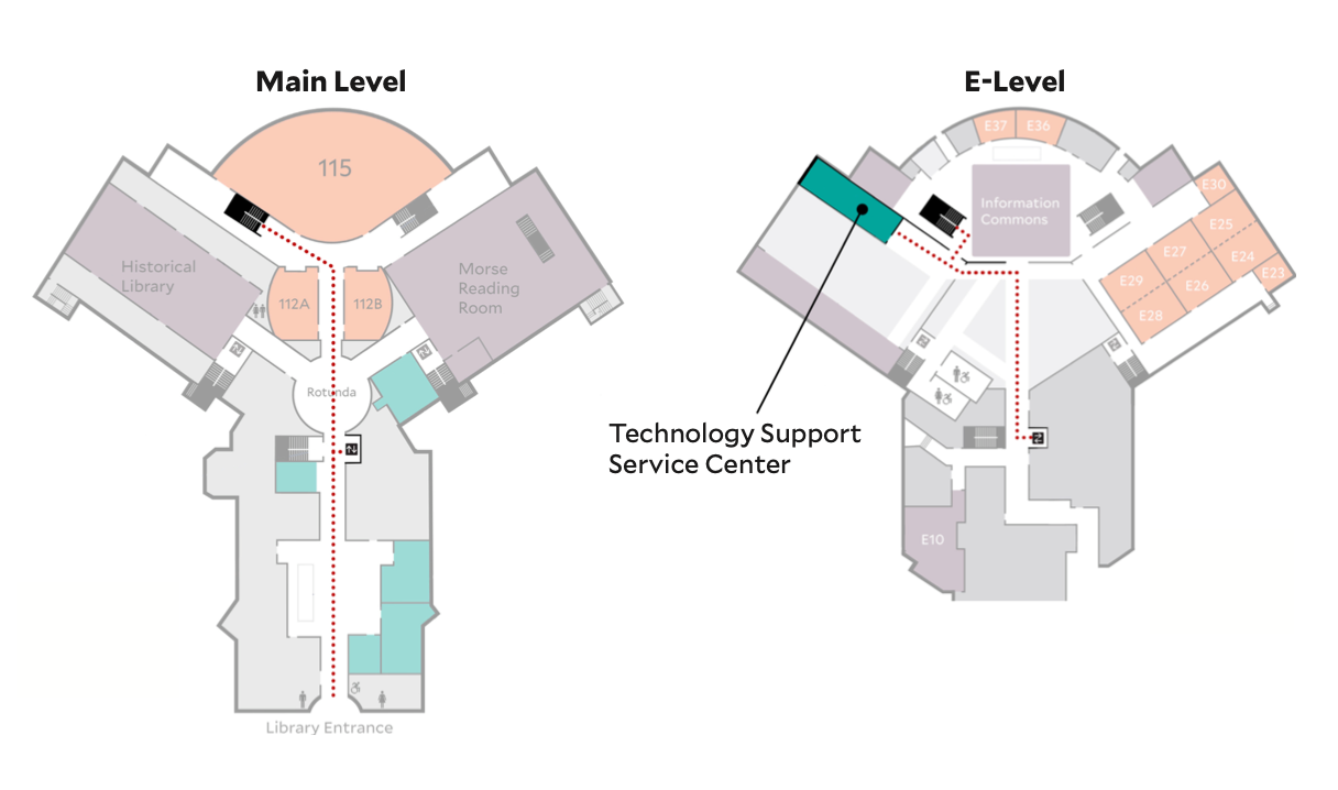 a map of the medical library showing the path to the technology support services center as described in the text below