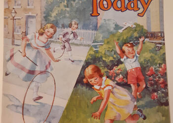 coloful watercolor painting of white children playing outside with a kickball and hoop