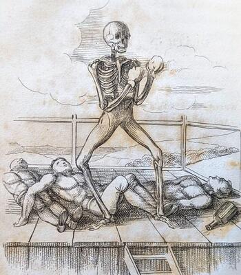 Skeleton standing with fists raised surrounded by dead bodies