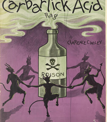 words carbarlick acid float above a poison bottle while devilish creatures dance around it