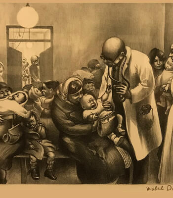 a screaming child is held by a woman while a doctor examines the child; children and adults are surrounding them