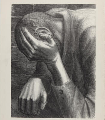 pencil drawing of a person with their head in their hand