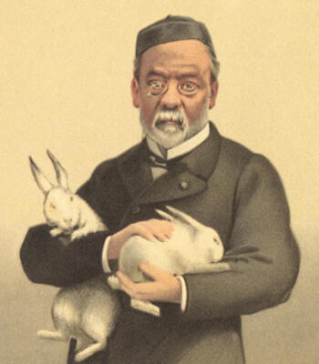 lithograph of a man holding two white rabbits looking at the camera