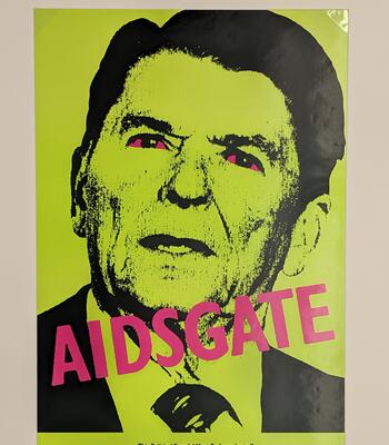 Screen-print style picture of Ronald Reagan with pink eyes and the words "AIDSGATE" written over his face"