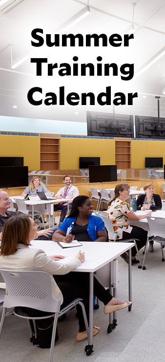 individuals smiling in a classroom with the text 'summer training calendar'
