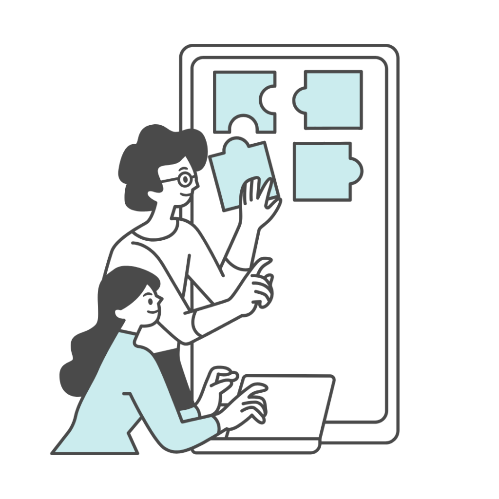 drawing of two individuals putting pieces together on a board