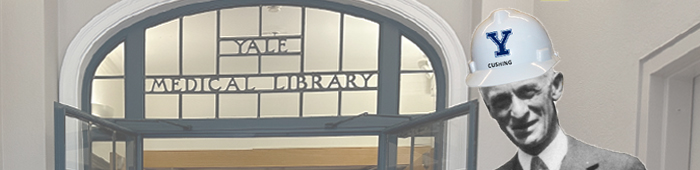 harvey cushing in a hard hat in front of the library