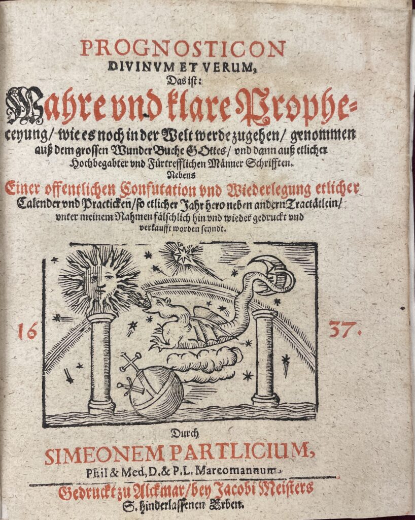 Title page of the Prognoticon, 1637, featuring sun, moon, and other symbols
